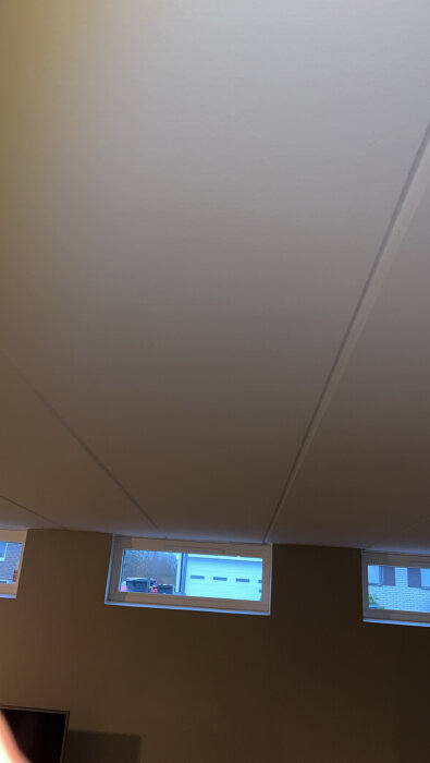 Källartak med synliga skarvar och små sprickor, betongplattor från yttervägg till yttervägg. Fönster syns längs med överkanten.