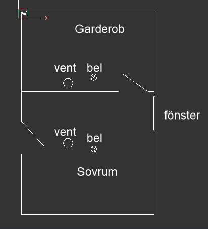 Planritning över sovrum och garderob med ventiler och lamputtag markerade.