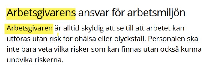 Text om arbetsgivarens ansvar för arbetsmiljön och vikten av att skydda personalen från risker, med vissa ord markerade med gul bakgrund.