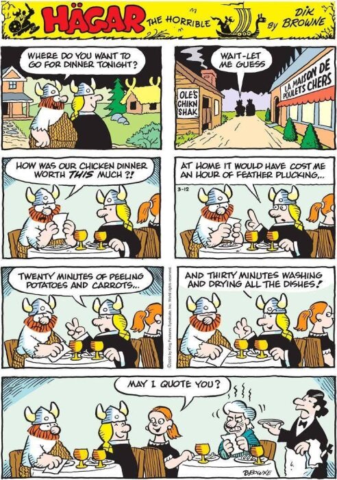 Tecknad serie av Hägar där han diskuterar kostnaden för en kycklingmiddag med sin fru efter att ha ätit på en restaurang.