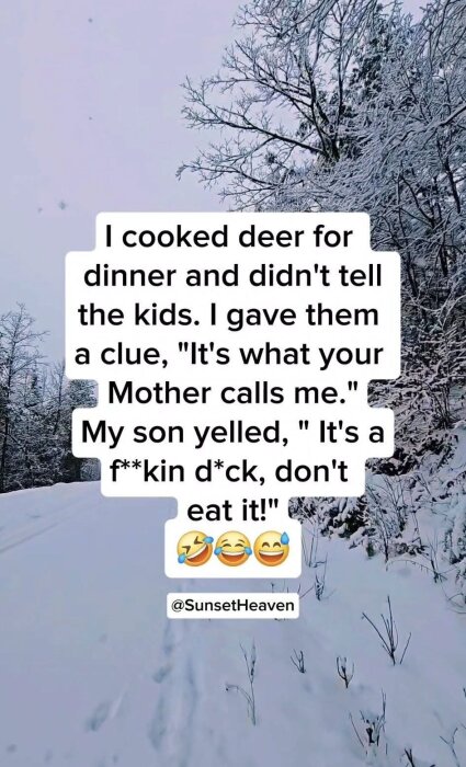 Snöig väg genom skog med text om att laga hjortkött och en humoristisk konversation med barnen om vad det kunde vara.