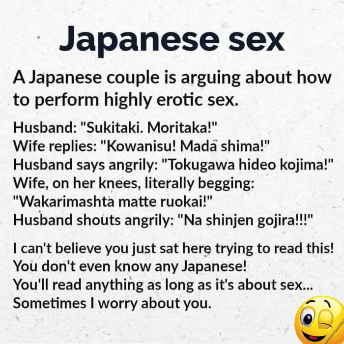 Textbild beskriver en japansk konversation, som avslöjar en humoristisk twist om att läsa allt relaterat till sex, oavsett språkkunskap.