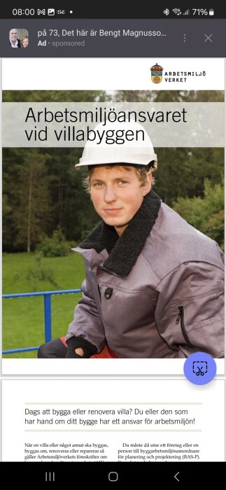 Person med skyddshjälm i arbetskläder, text "Arbetsmiljöansvaret vid villabyggen" i övre delen av bilden, Arbetsmiljöverket logotyp synlig.