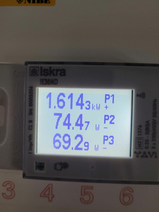 Display på Iskra IE38MD energimätare visar olika energivärden, inkluderar 1.614 kW, 74.4 W och 69.2 W, vid datumstämpling 19/01/25.