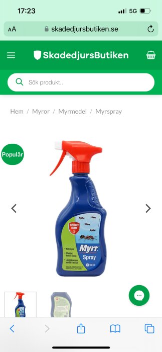 Sprayflaska från Protect Home, märkt "Myrr" mot myror, med röd spraymunstycke. Effekten varar upp till 6 veckor.