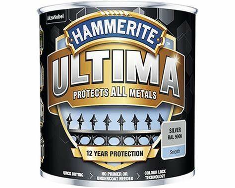 Hammerite Ultima Metallskyddslack burk med text "Protects All Metals", "12 Year Protection", silver färg RAL 9006.