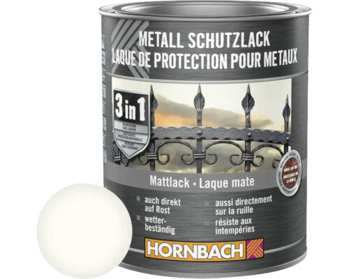 Burk med Hornbach Metallskyddslack 3i1 för rostskydd, väderbeständig, med mattsvart finish, avsedd för smidesstaket.