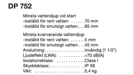 Instruktioner för DP 752 med minsta vattendjup vid start och minsta kvarvarande vattendjup för rent och smutsigt vatten, anslutning och tekniska specifikationer.