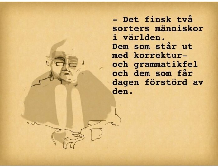 Illustration av en person med glasögon bredvid text om två sorters människor och deras tolerans för korrektur- och grammatikfel.