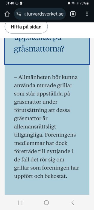 Skärmdump av text från en hemsida om användning av murade grillar placerade på gräsmattor, med hänvisning till allemansrätten och föreningsregler.