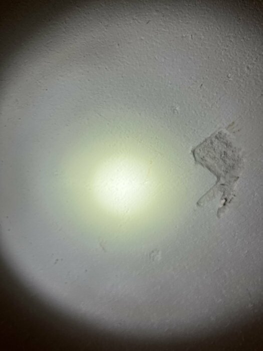Bild av en vägg med ojämn yta belyst av en ficklampa, del av ytan ser ut som en tvättsvamp.