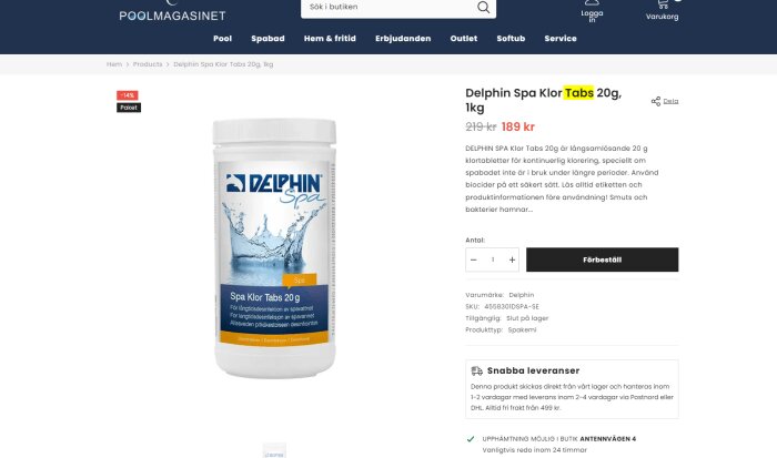 Förpackning av Delphin Spa Klor Tabs 20g, 1kg, synlig på en webbsida med pris och rabatt, idealisk för kontinuerlig klorering av spa-vatten.