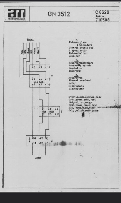 Elkopplingsschema för motorstyrning av Dahlandermotor, märkt GM 3512, med kopplingspunkter, färgkoder och märkningar för omkopplare och motorskydd.