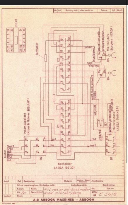Elritning från A-B Arboga Maskiner för motoranslutning med Kraus & Naimer polomkopplare och ASEA kontaktor, inkluderar kopplingsschema och komponentlista.