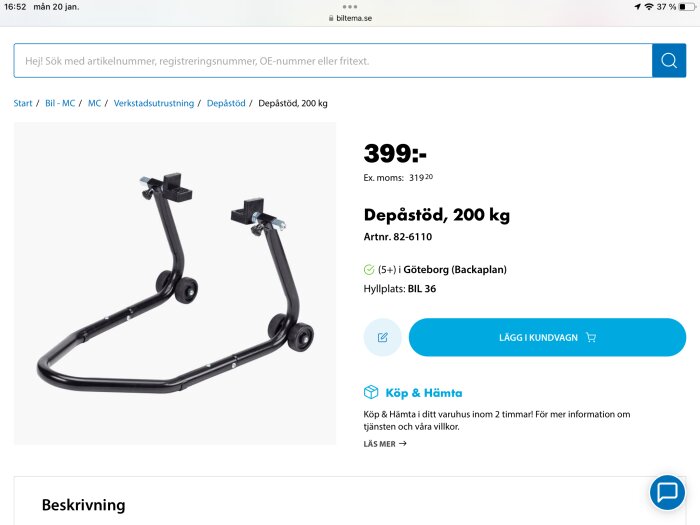 Depåstöd för motorcykel i svart metall med två hjul och stödarmar, kapacitet 200 kg.