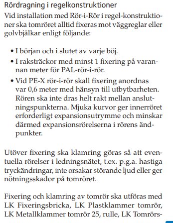 Instruktionstext för rördragning med rör-i-rör i regelkonstruktioner från en monteringsanvisning.