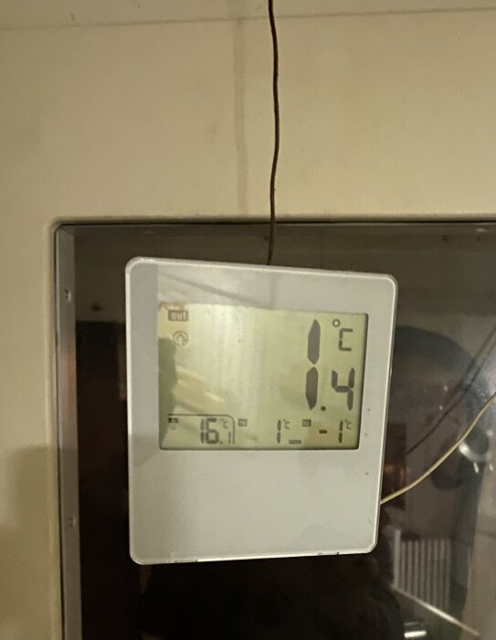 Digital termometer på väggen visar inomhustemperaturen 16,7°C och utomhustemperaturen 1,4°C. En termometerkabel syns ovanför.