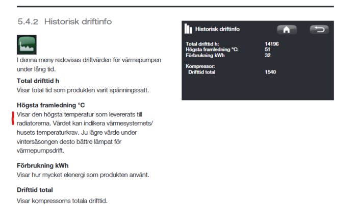 Driftinformationsskärm med total drifttid, högsta framledning (51°C), energiförbrukning och kompressorens totala drifttid.