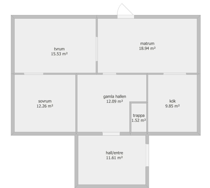 Planritning över ett 50-talshus med rum markerade: tvrum, matrum, gamla hallen, sovrum, kök, hall/entré och trappa.