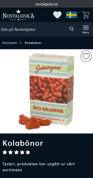 Förpackning med "Äkta Kolabönor" från Sockerbageriet, visas med text att produkten tyvärr utgått ur sortimentet.