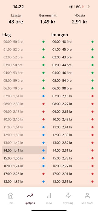 Elprislista från en elleverantörs app som visar timpriser för idag och imorgon. Idag klockan 14:00 är priset 1,41 kr/kWh.