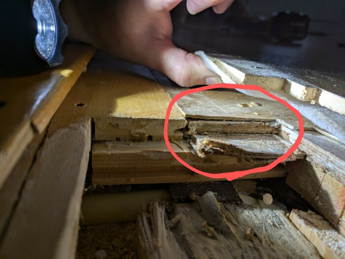 Närbild av ett uppbrutet golv där en linoleumskiva ligger på två masonitskivor. En hand håller upp materialet, och området är inringat i rött.