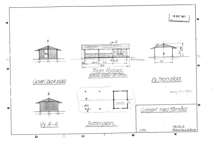 Arkitektritning av carport med förråd, gavel- och framsida, planritning och vy A-A, daterad 15 september 1981.