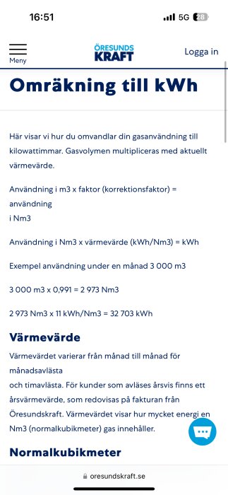 Skärmbild från Öresundskraft som visar hur man omvandlar gasanvändning till kWh genom att multiplicera gasvolymen med korrektionsfaktorer och värmevärden.