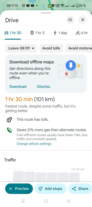 Navigeringsapp som visar en bilresa på 101 km med körtiden 1 timme 30 minuter och information om vägtullar och bränslebesparing.