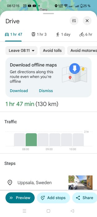 Karta visar rutt från Tierp till Uppsala med restid 1 timme 47 minuter, 130 km. Alternativ för att undvika tullar och motorvägar är markerade.
