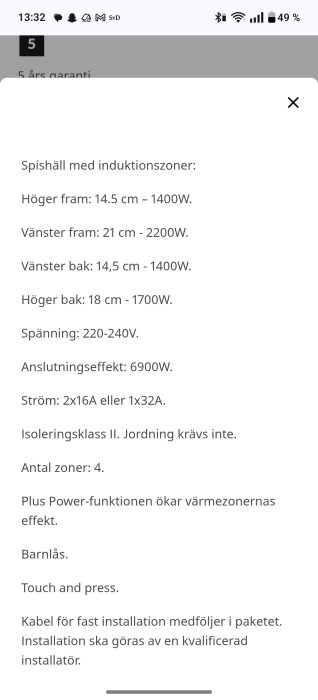 Specifikationer för spishäll med induktionszoner: fyra zoner och total effekt på 6900W. Inkluderar barnlås och Plus Power-funktion.