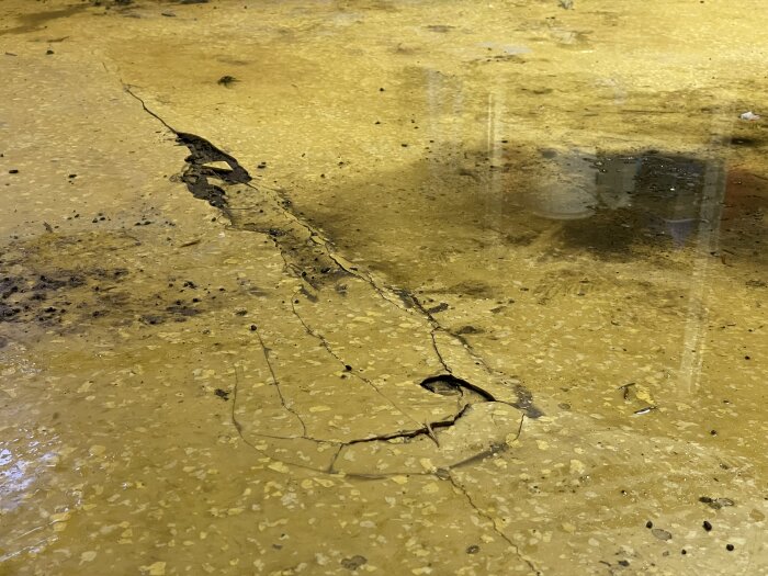 Spricka i ett betonggolv med vattenansamling runtomkring, troligen på grund av läckage. Används som bevis i diskussion om rör och fuktproblem.