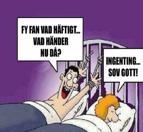 Tecknad bild av en man och kvinna i sängen, mannen är bunden vid sänggaveln och de har pratbubblor.