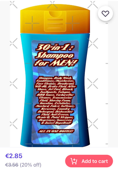 Flaska med blått och gult lock märkt "30-in-1 Shampoo for Men", innehåller flera funktioner i en produkt. Rabattpris €2.85.