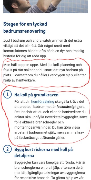 Man fixar badrum; guide om hur man renoverar korrekt, följa regler för försäkring och säkerhet; illustration av badrumsarbete; fokus på regler och planering.