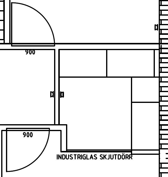 Planskiss med industriell glas-skjutdörr och rumsmått på 900 mm.