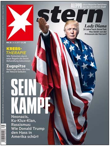 Tidningsomslag med kvinna iklädd en amerikansk flagga. Text om neonazism, Ku-Klux-Klan och rasism.
