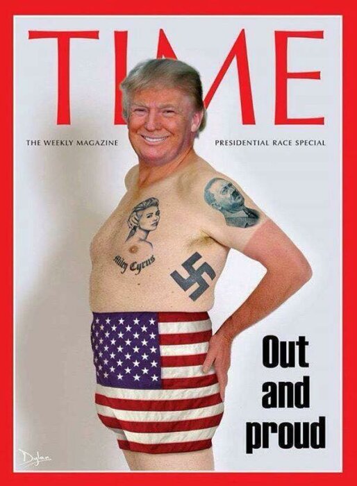 Parodi på tidningsomslag med person i amerikanska flaggshorts, tatueringar och texten 'Out and proud'.