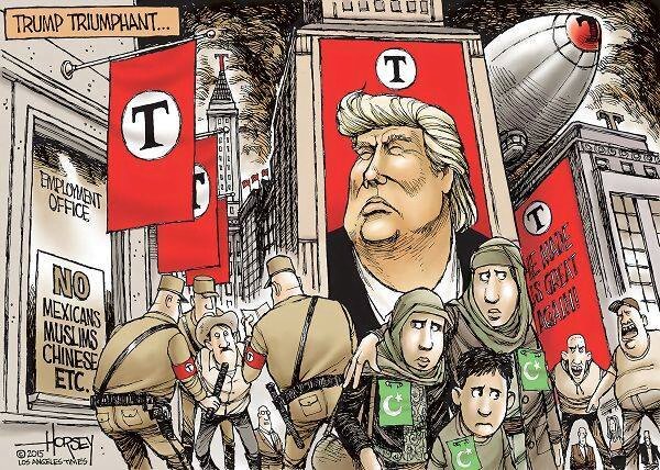 Karikatyr med politiska undertoner; stor bild på ledare, flaggor med "T", poliser, immigranter med gröna märken och zeppelinare med texten "We Shall Overcomb".