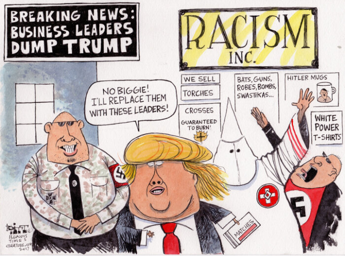Tecknad politisk satir med en person i kostym och personer i rasistkläder, med text om business leaders som "dump Trump" och ersättning med "these leaders".