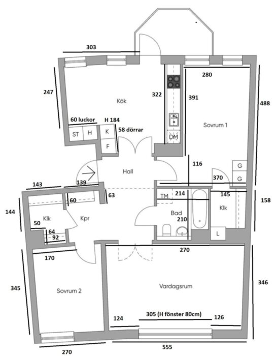 Planritning över en 3:a på 85 kvm, med rum markerade som kök, sovrum, vardagsrum och badrum, samt klädkammare nära badrummet.