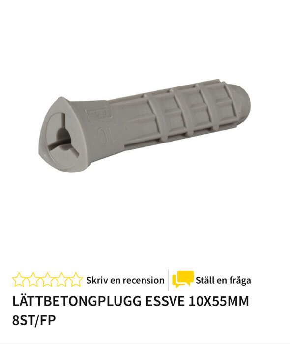 Lättbetongplugg Essve 10x55 mm i närbild, visas i produktbild.