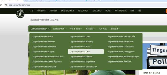 Jägareförbundet Dalarnas webbsida med lista över jaktvårdskretsar, inklusive Jägareförbundet Orsa, markerat i menyn.