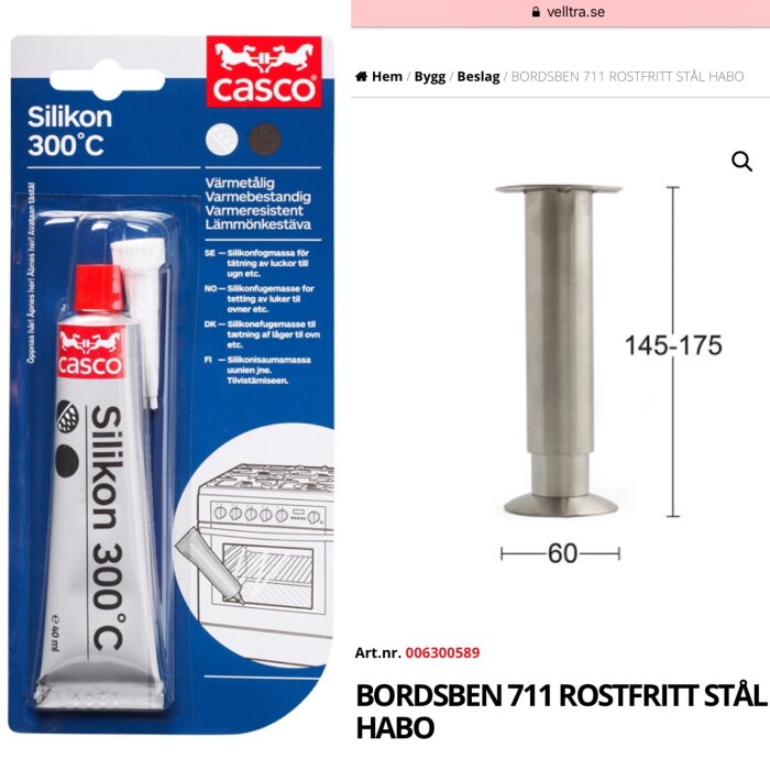 Förpackning av Casco silikon 300°C bredvid ett rostfritt stål bordsben med justerbar höjd 145-175 mm från Habo.