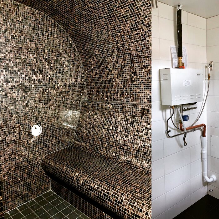 Mosaikbelagd bastubänk och vit kaklad vägg med varmvattenberedare.