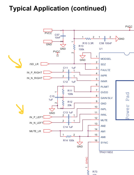 Diagram över en förstärkarkretsapplikation med markeringar för /SD_LR, IN_P_RIGHT, IN_N_RIGHT, IN_P_LEFT, IN_N_LEFT och MUTE_LR ingångar.