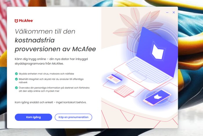 Reklam för McAfee provversion med text om online säkerhet och ett stiliserat nätverksmotiv med dator och mobiler.