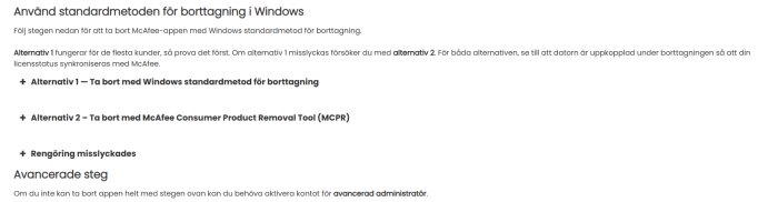 Instruktioner för att ta bort McAfee i Windows, inklusive alternativ för standardmetod och McAfee Consumer Product Removal Tool (MCPR).