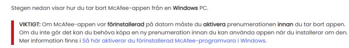 Instruktioner för att avinstallera McAfee-app på Windows PC, med fokus på aktivering av prenumeration före borttagning.