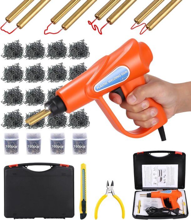 Plastsvetsverktyg med tillbehör som stift, fodral, kniv och tång, användbart för plastreparationer och ger mekanisk koppling.